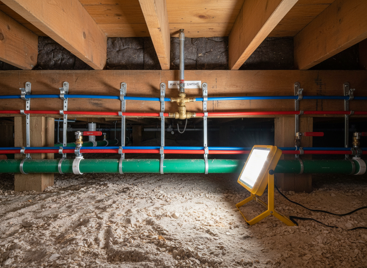A cutaway view of a residential Charleston crawl space showing an orderly network of PEX water lines, PVC drain pipes, a main shutoff valve, and secure pipe hangers beneath a low-country home.