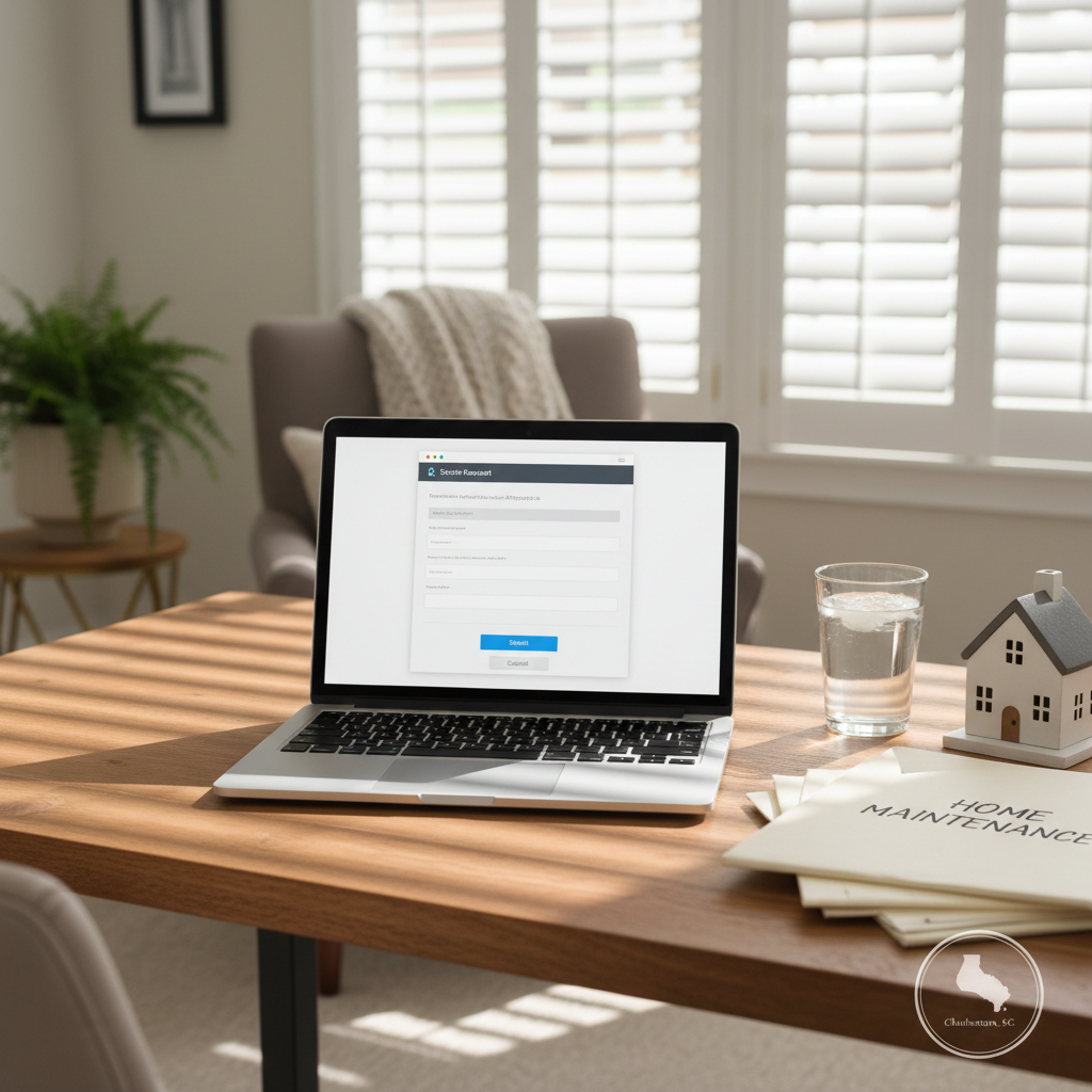 A bright, welcoming home office corner with a laptop open on a natural wood desk, showing a blurred, non-readable service request form interface, symbolized by clearly defined input box shapes and button areas without any actual text. Next to the laptop, a neatly stacked folder of home maintenance notes and a small model house rest beside a glass of water. Soft afternoon light streams through white plantation shutters, casting clean lines of shadow across the workspace. Photographic realism from an eye-level angle focuses on the laptop and its screen, with the rest of the room gently out of focus. The mood is organized and stress-free, visually emphasizing the convenience and importance of submitting a plumbing service request for Charleston-area homes.