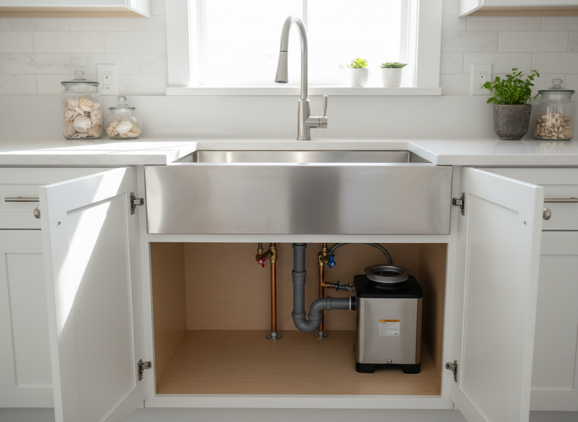 A gleaming stainless steel kitchen sink with a freshly installed high-arc brushed nickel faucet, perfectly aligned over a spotless white quartz countertop in a Charleston-style residential kitchen. Under the sink, the cabinet doors are open to reveal neatly organized PVC drain lines, a new garbage disposal, and precisely routed copper supply pipes with bright shutoff valves. Soft daylight filters through a nearby window, highlighting the clean connections and casting gentle shadows along the cabinet interior. Photographic realism at eye-level, with sharp focus on the craftsmanship of the installation, subtly blurred tile backsplash and cozy, coastal-inspired kitchen decor in the background, creating a mood of trust, reliability, and high-quality residential plumbing service.