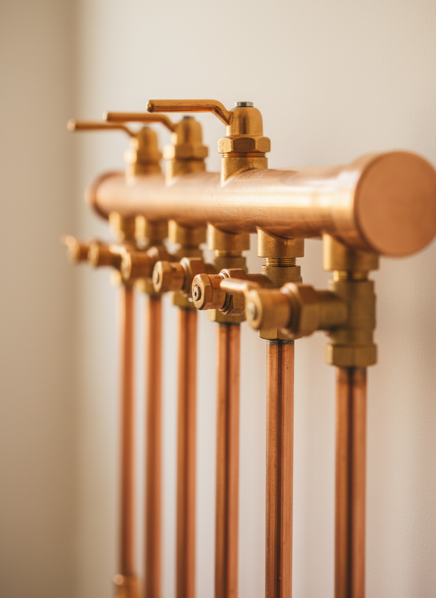 A close-up photograph of a copper water manifold in a residential plumbing installation. The manifold features multiple polished copper pipes and fittings branching off a main line, with warm golden-orange tones of the copper contrasting against a clean, slightly blurred background. Professional, well-lit, photorealistic style. Warm natural lighting highlights the metallic sheen of the copper pipes.
