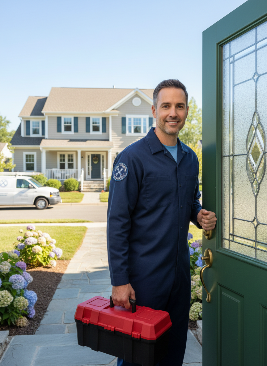 title A professional plumber in a uniform knocking on a residential front door, ready to provide service. Friendly and trustworthy appearance, suburban home in the background, bright natural daylight, photorealistic style.