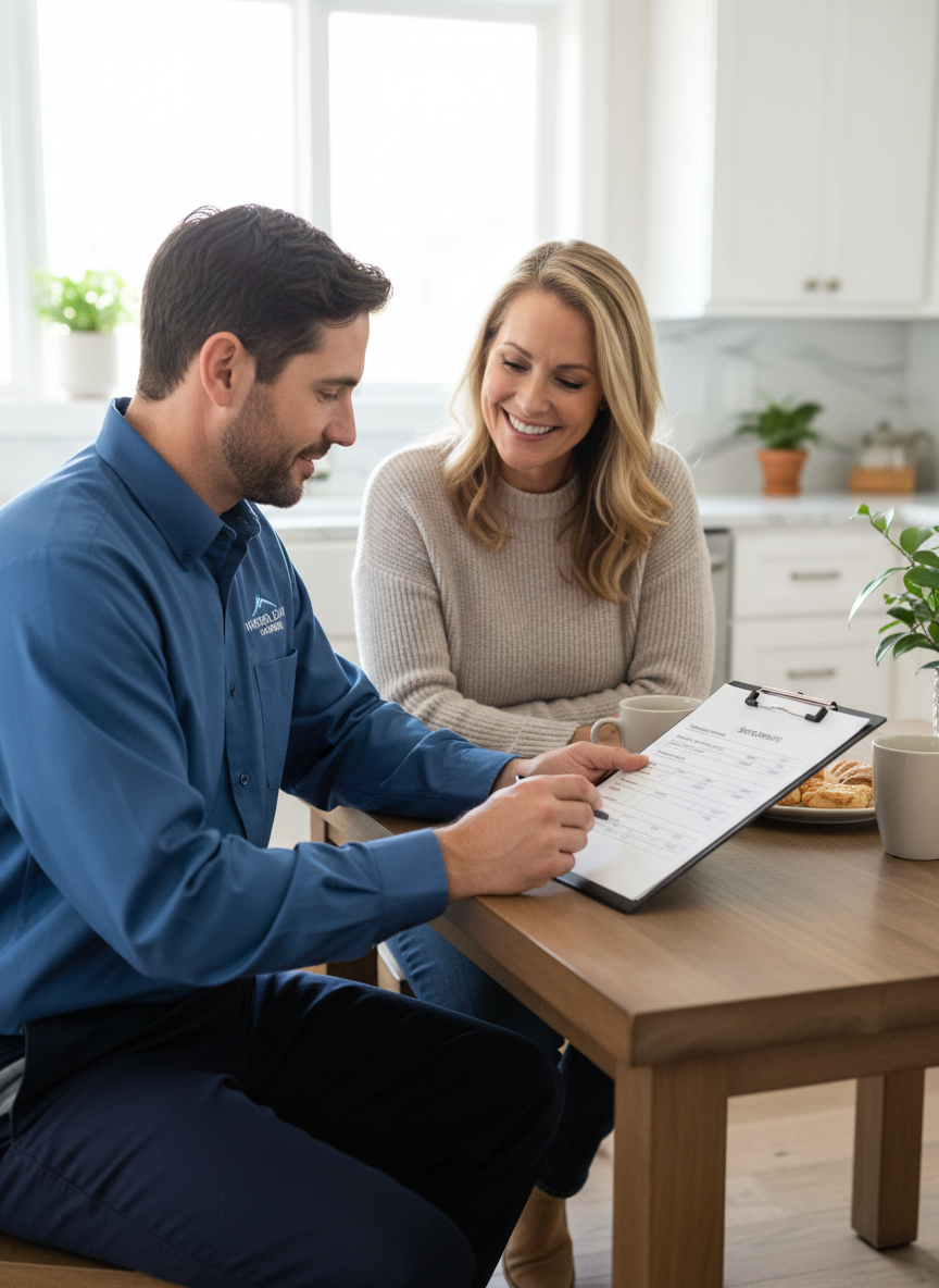 A professional plumber in uniform sitting at a kitchen table with a homeowner, reviewing a service estimate on a clipboard.